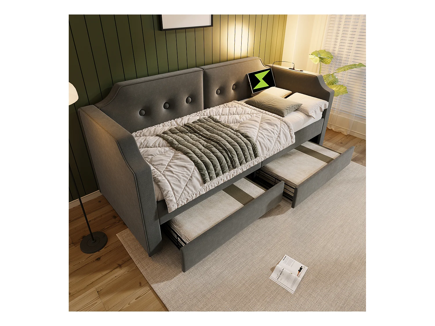 Lit banquette enfant 90x200 cm avec sommier - lit jeune avec USB et 2 tiroirs de rangement - velours gris (sans matelas)