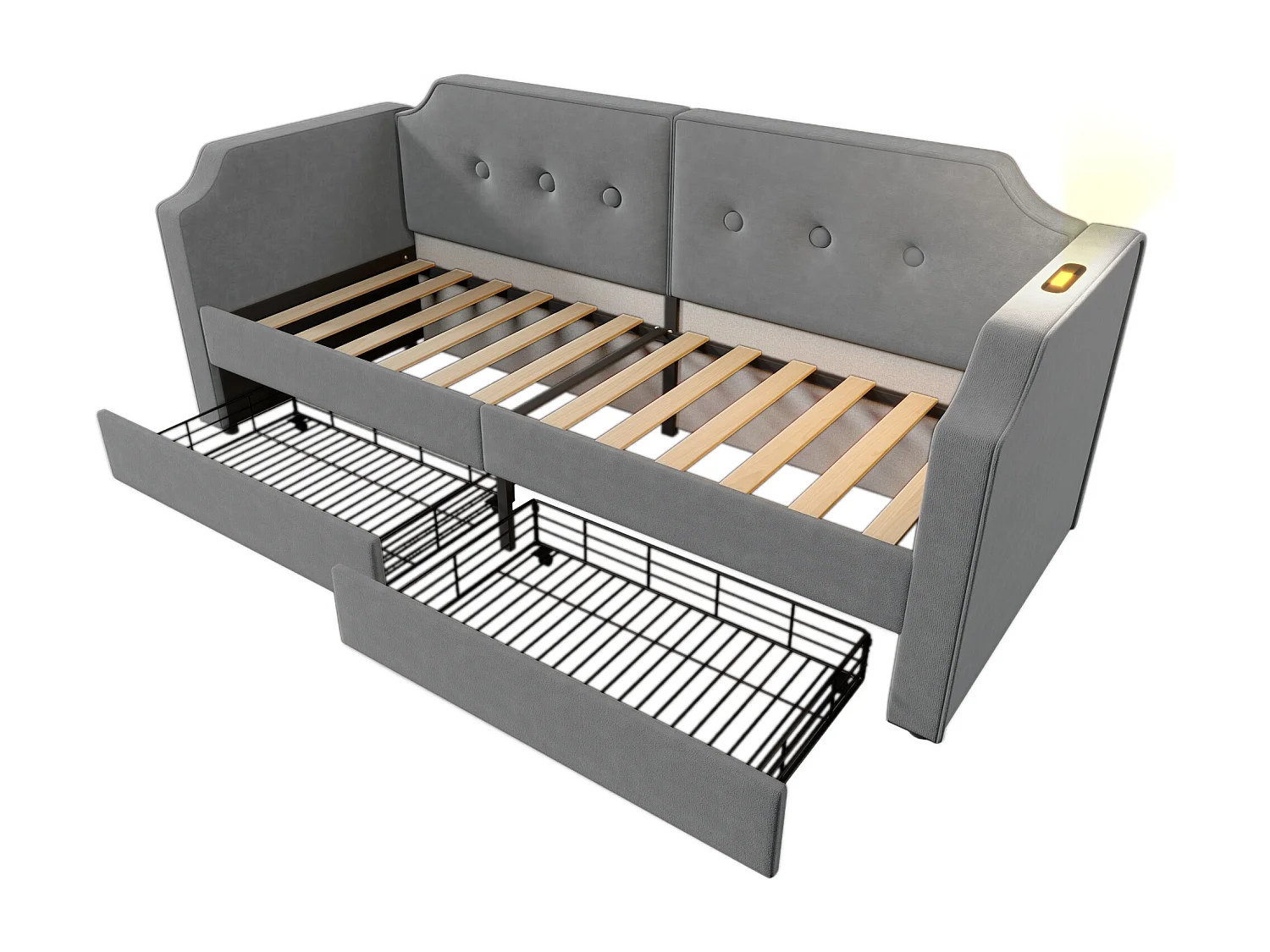 Canapé-lit 90x200 cm avec sommier - lit jeune avec USB et 2 tiroirs de rangement - velours gris (sans matelas)