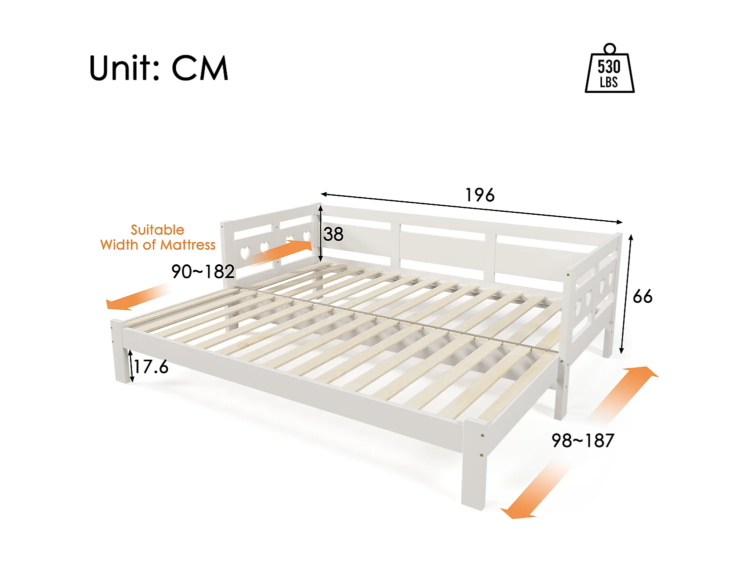 Uitschuifbed 90x190 cm met hartvormig ontwerp, met 2e slaapplaats, hout, wit (zonder matras)