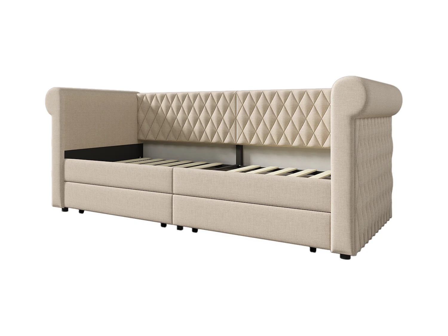 Canapé-lit 90x200 cm avec sommier - lit jeune avec 2 tiroirs de rangement - lin beige (sans matelas)
