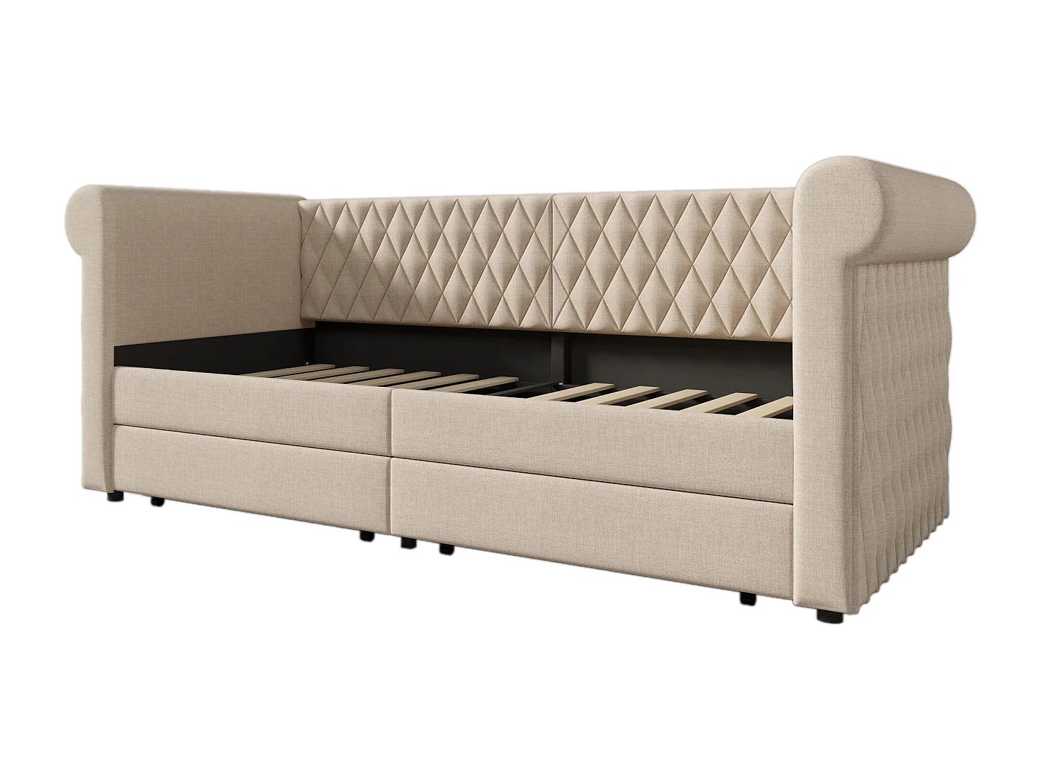 Canapé-lit 90x200 cm avec sommier - lit jeune avec 2 tiroirs de rangement - lin beige (sans matelas)