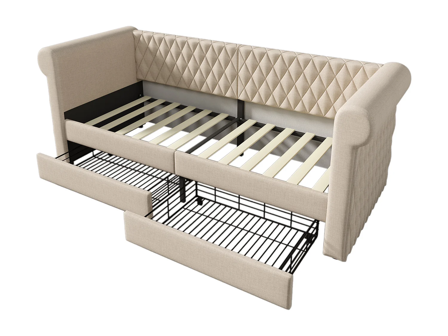 Canapé-lit 90x200 cm avec sommier - lit jeune avec 2 tiroirs de rangement - lin beige (sans matelas)