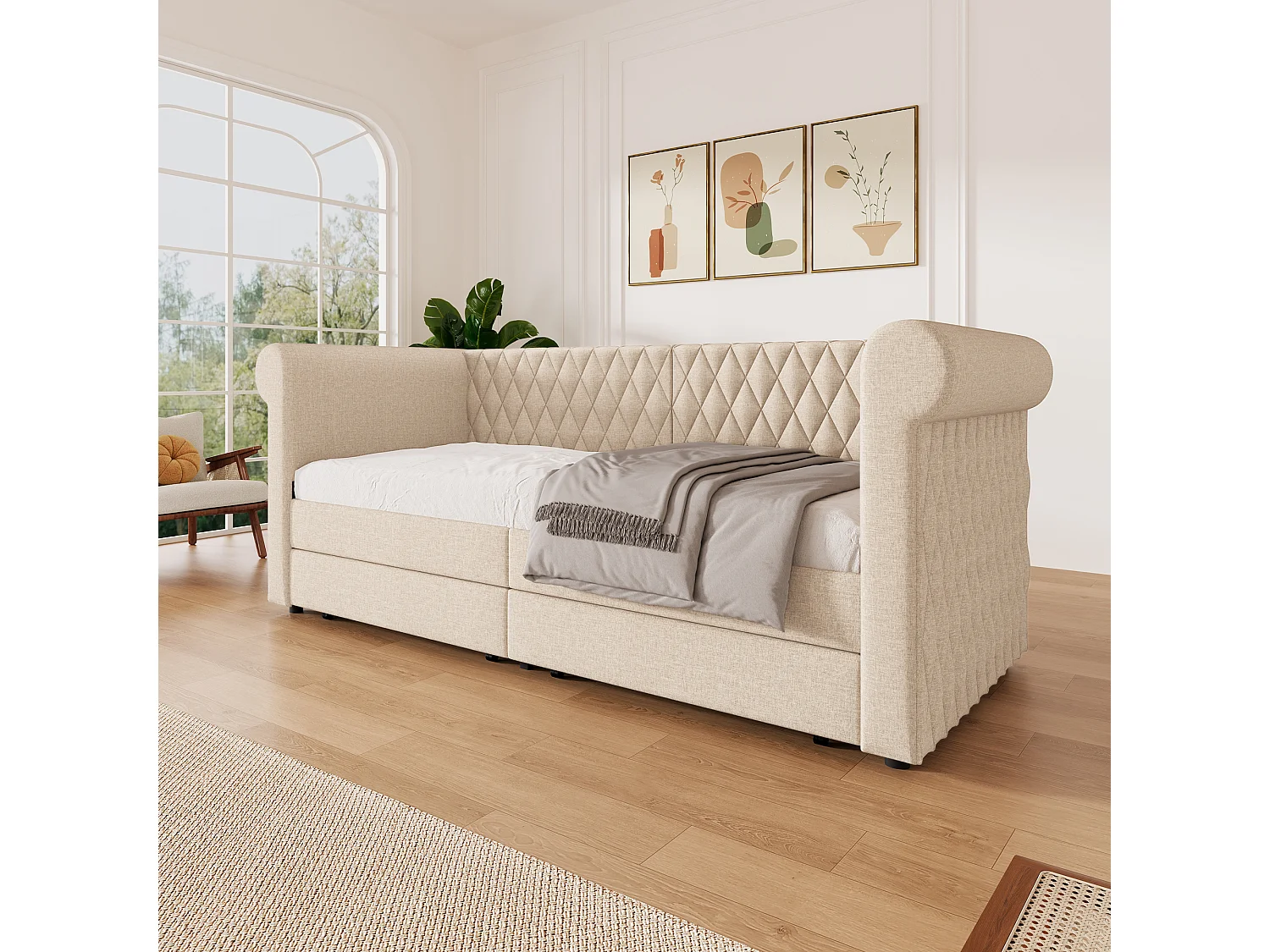 Canapé-lit 90x200 cm avec sommier - lit jeune avec 2 tiroirs de rangement - lin beige (sans matelas)