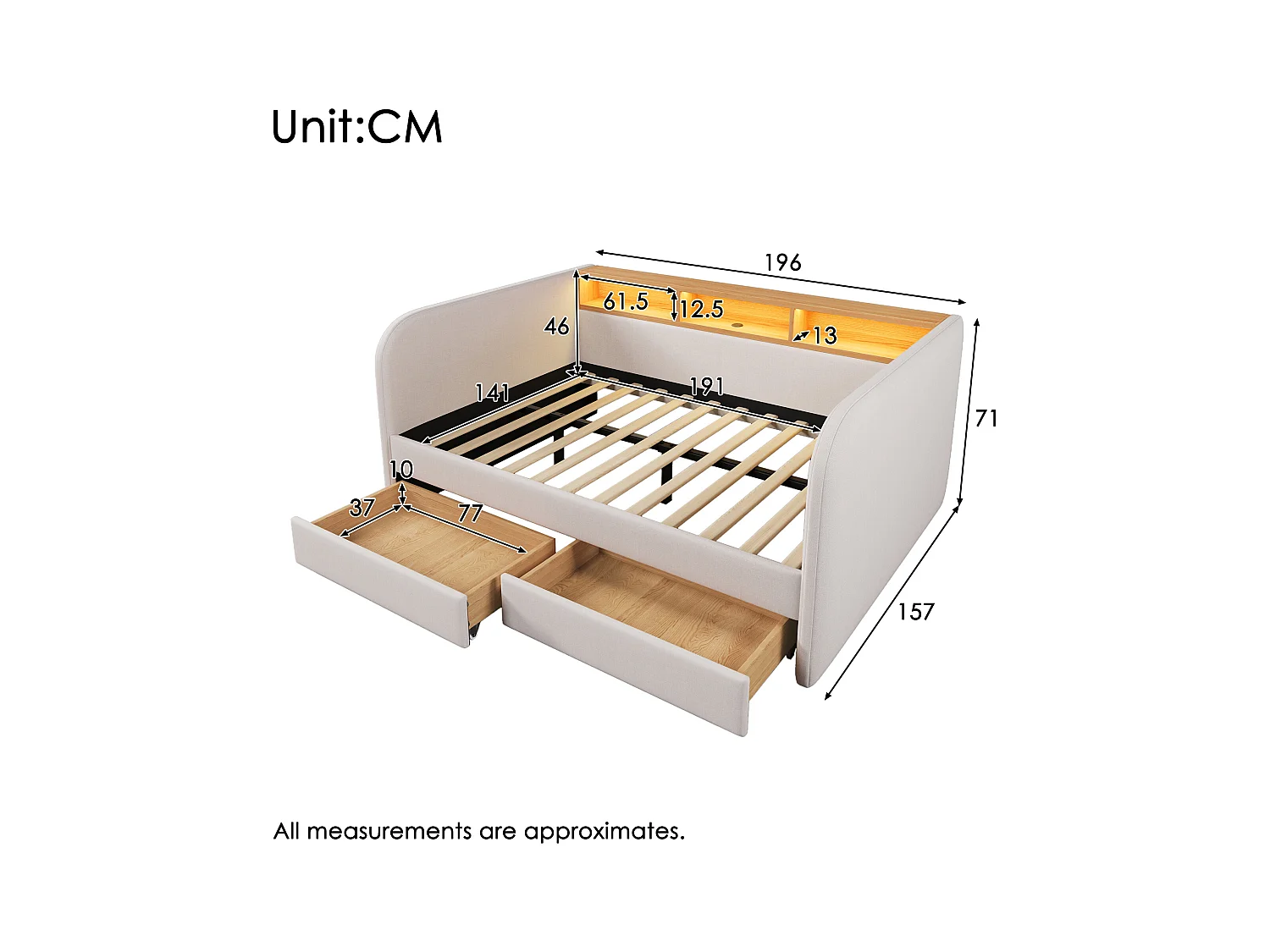 Lit banquette adulte 140x190 cm avec sommier - tête de lit capitonnée avec USB et LED 2 tiroirs - lin beige (sans matelas )