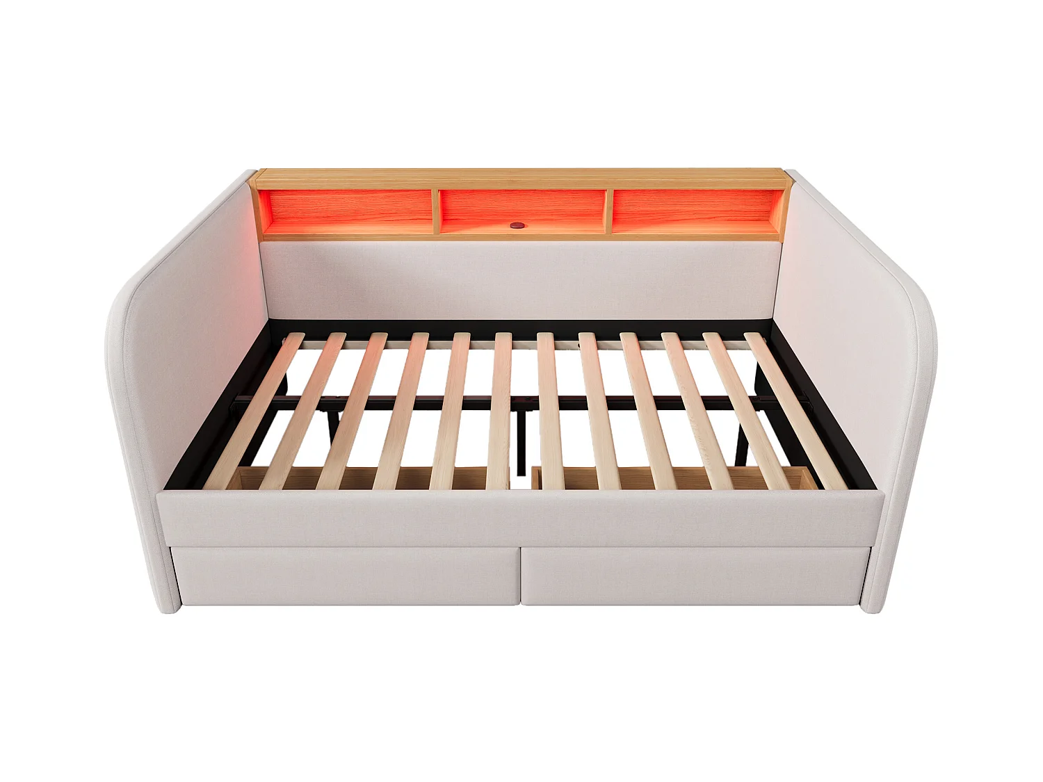 Lit banquette adulte 140x190 cm avec sommier - tête de lit capitonnée avec USB et LED 2 tiroirs - lin beige (sans matelas )