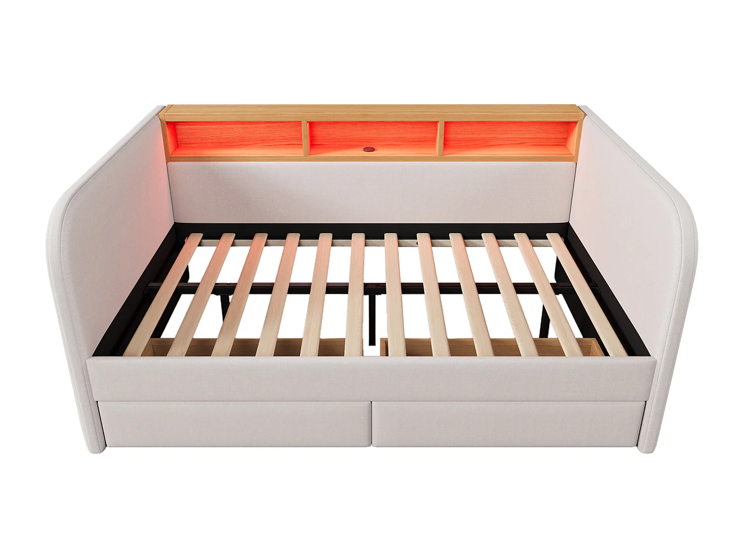 Lit banquette adulte 140x190 cm avec sommier - tête de lit capitonnée avec USB et LED 2 tiroirs - lin beige (sans matelas )