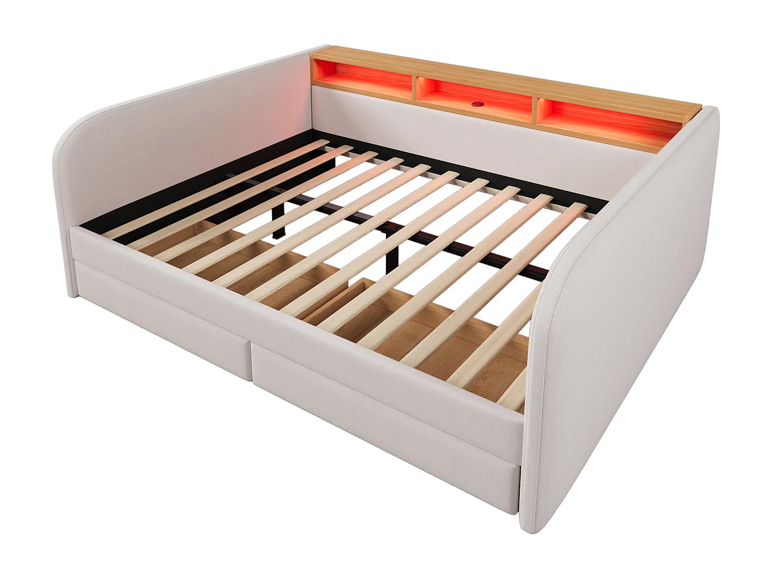 Lit banquette adulte 140x190 cm avec sommier - tête de lit capitonnée avec USB et LED 2 tiroirs - lin beige (sans matelas )