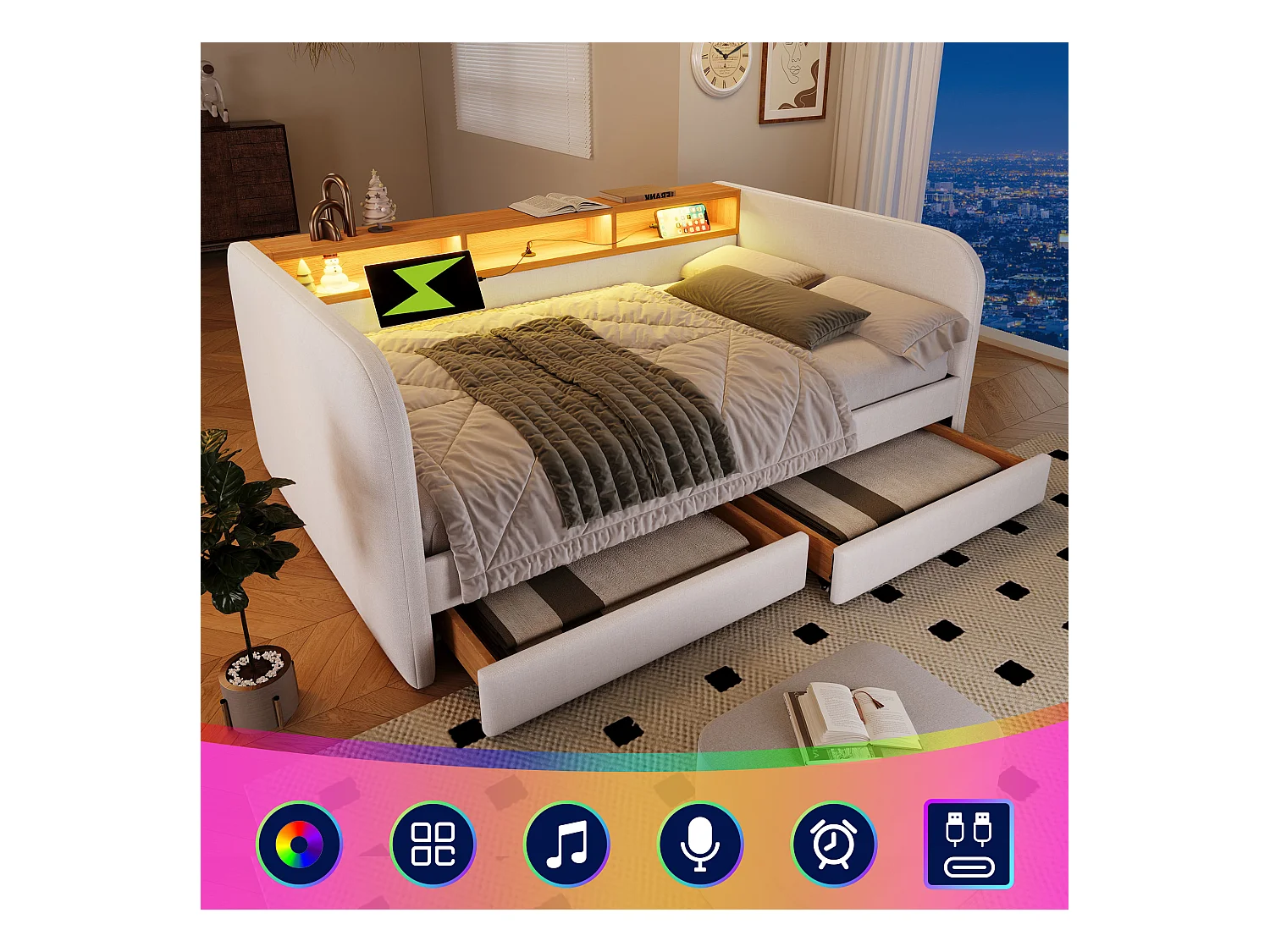 Lit banquette adulte 140x190 cm avec sommier - tête de lit capitonnée avec USB et LED 2 tiroirs - lin beige (sans matelas )