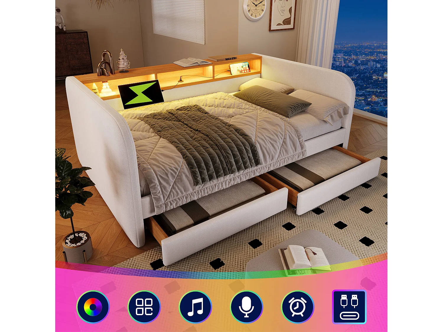 Canapé-lit 140x190 cm avec sommier - tête de lit capitonnée avec USB et LED 2 tiroirs - lin beige (sans matelas )