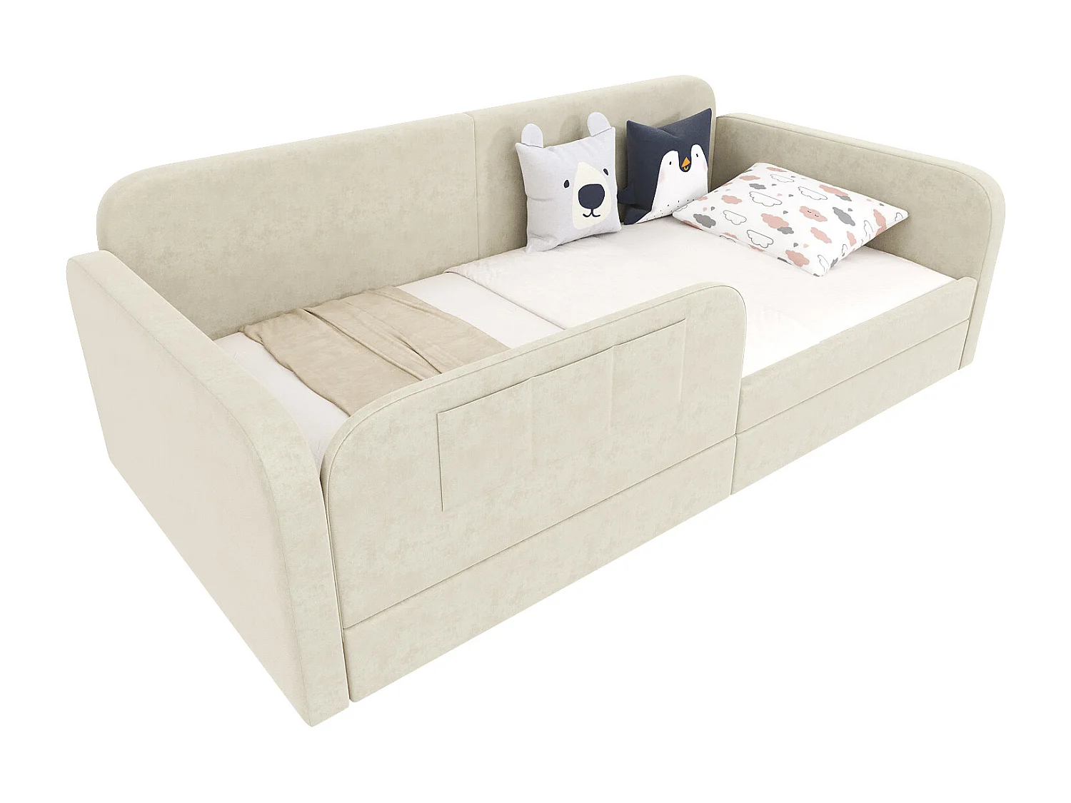 Cama individual 90x200 cm juvenil moderna con cajón y barandilla terciopelo y madera blanco (Sin colchón)