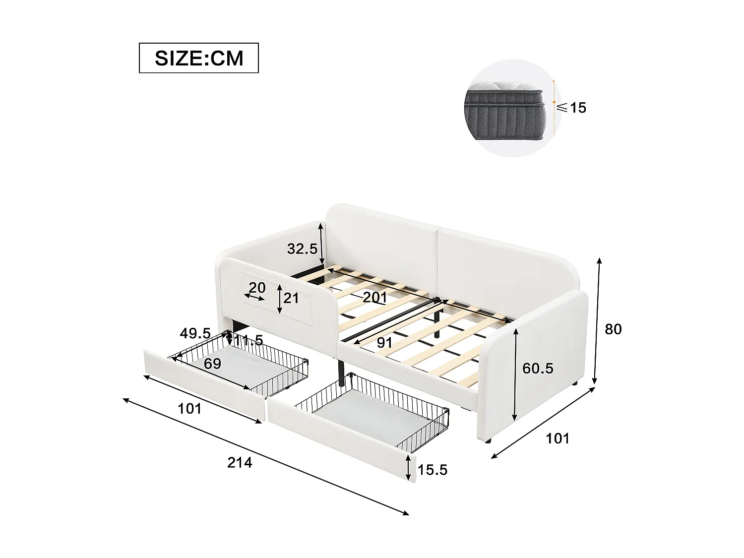 Cama individual 90x200 cm juvenil moderna con cajón y barandilla terciopelo y madera blanco (Sin colchón)