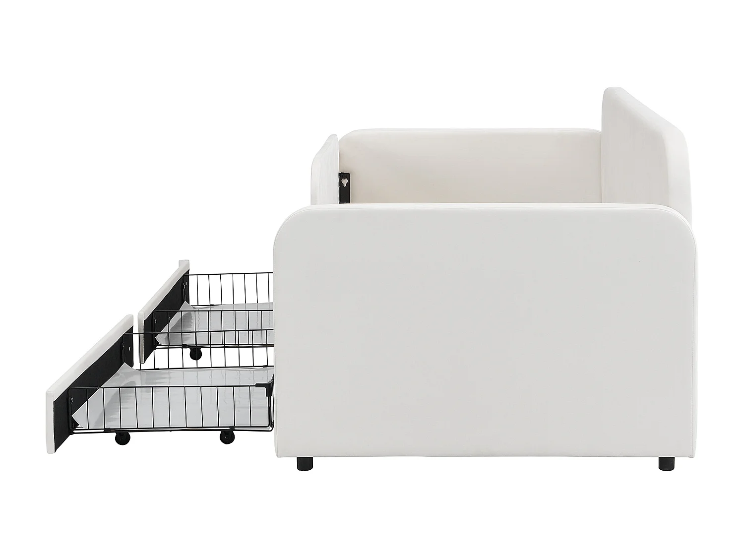 Cama individual 90x200 cm juvenil moderna con cajón y barandilla terciopelo y madera blanco (Sin colchón)