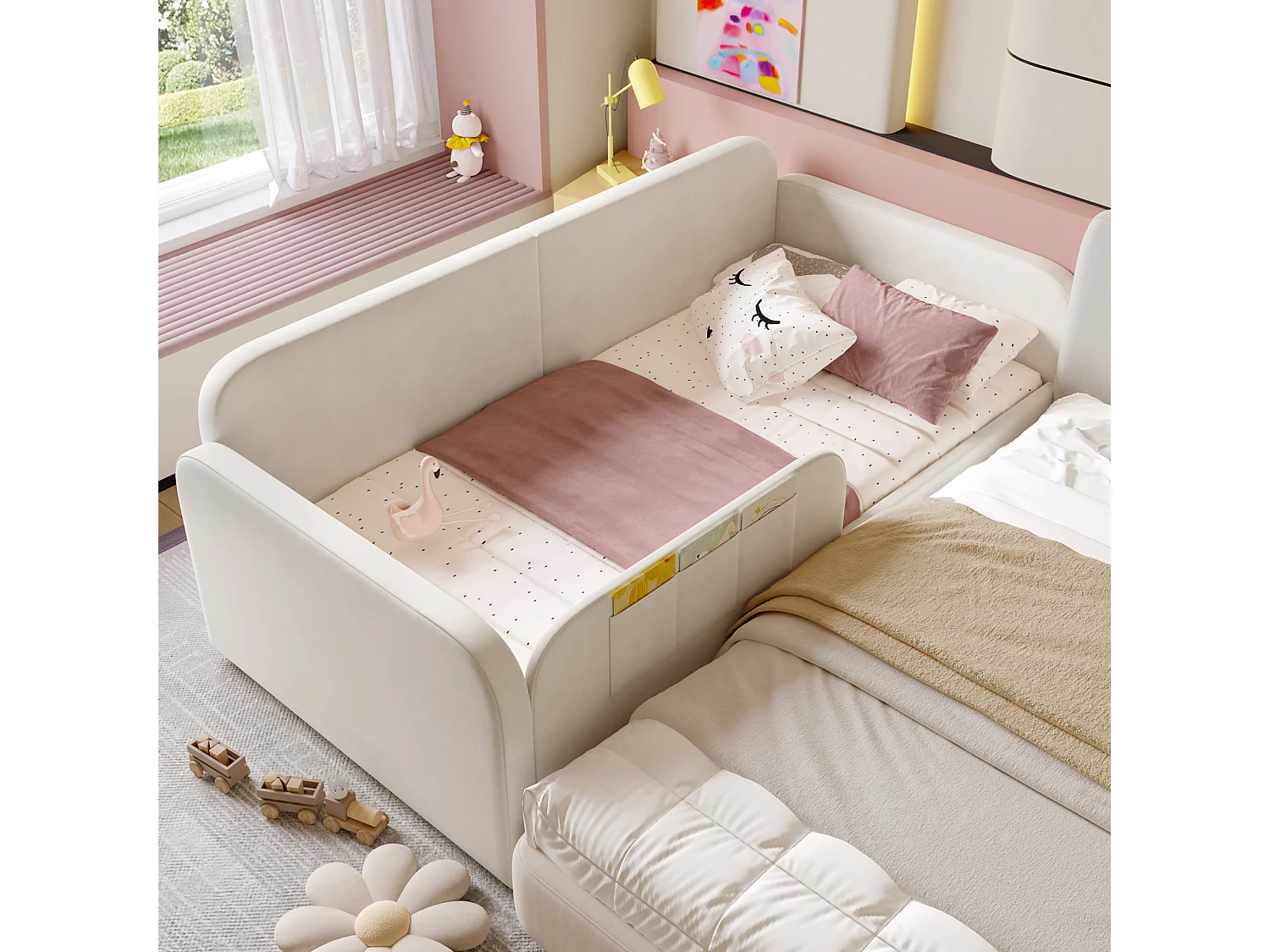 Kinderbed 90x200 cm gestoffeerd fluweel met 2 lades op wielen en 3 opbergzakken, metalen lattenbodem, wit (Zonder matras)