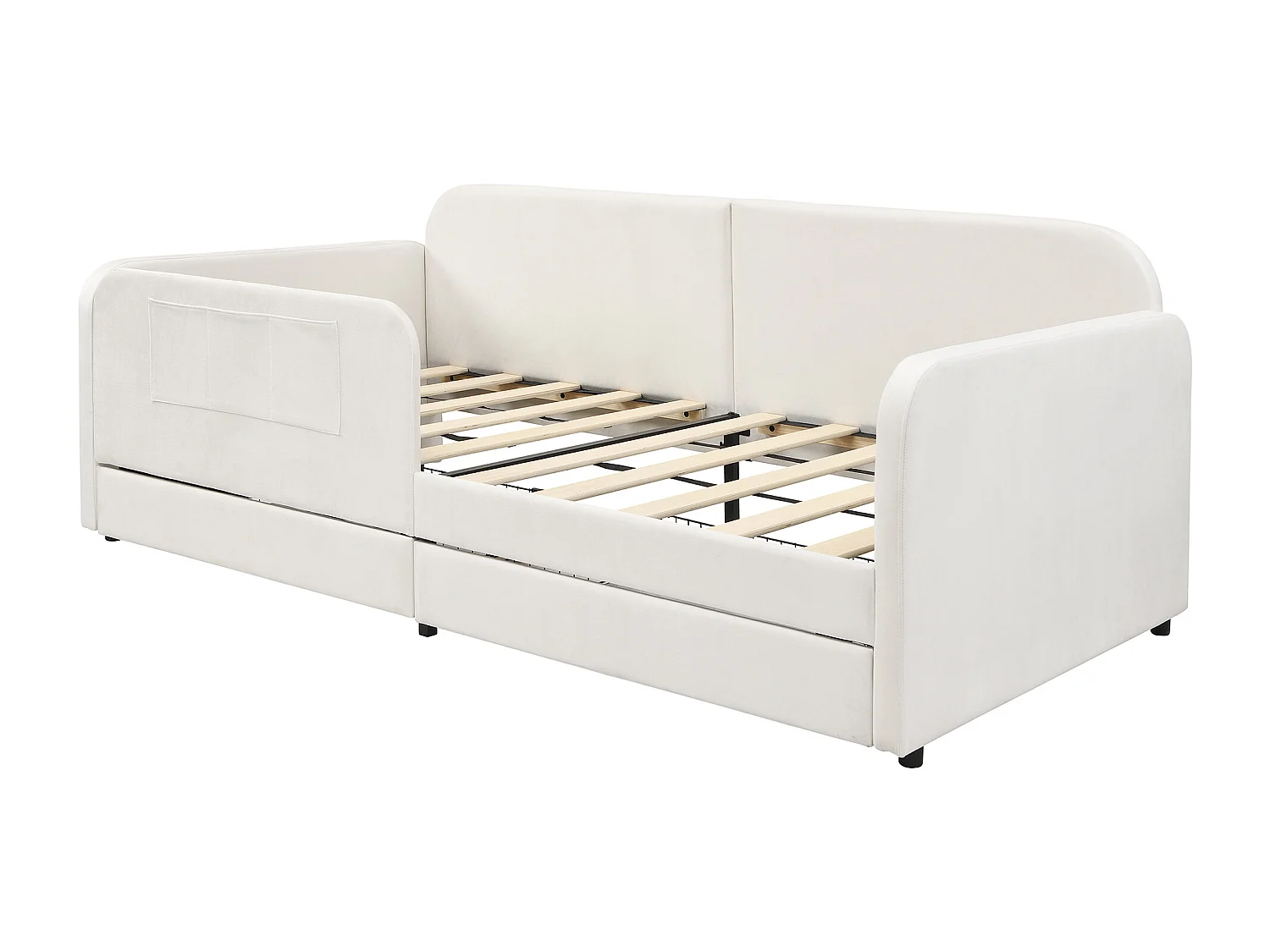 Kinderbed 90x200 cm gestoffeerd fluweel met 2 lades op wielen en 3 opbergzakken, metalen lattenbodem, wit (Zonder matras)