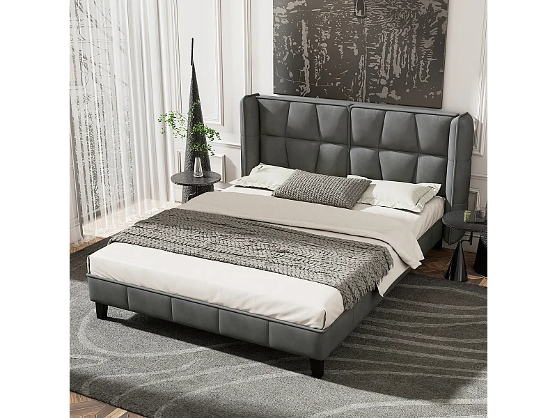 Lit adulte 140x200 cm avec sommier - tête de lit rembourré - bois - velours gris (sans matelas)