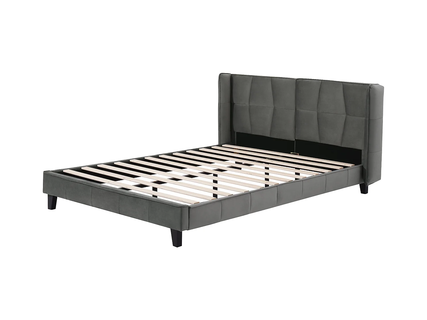 Lit adulte 140x200 cm avec sommier - tête de lit rembourré - bois - velours gris (sans matelas)