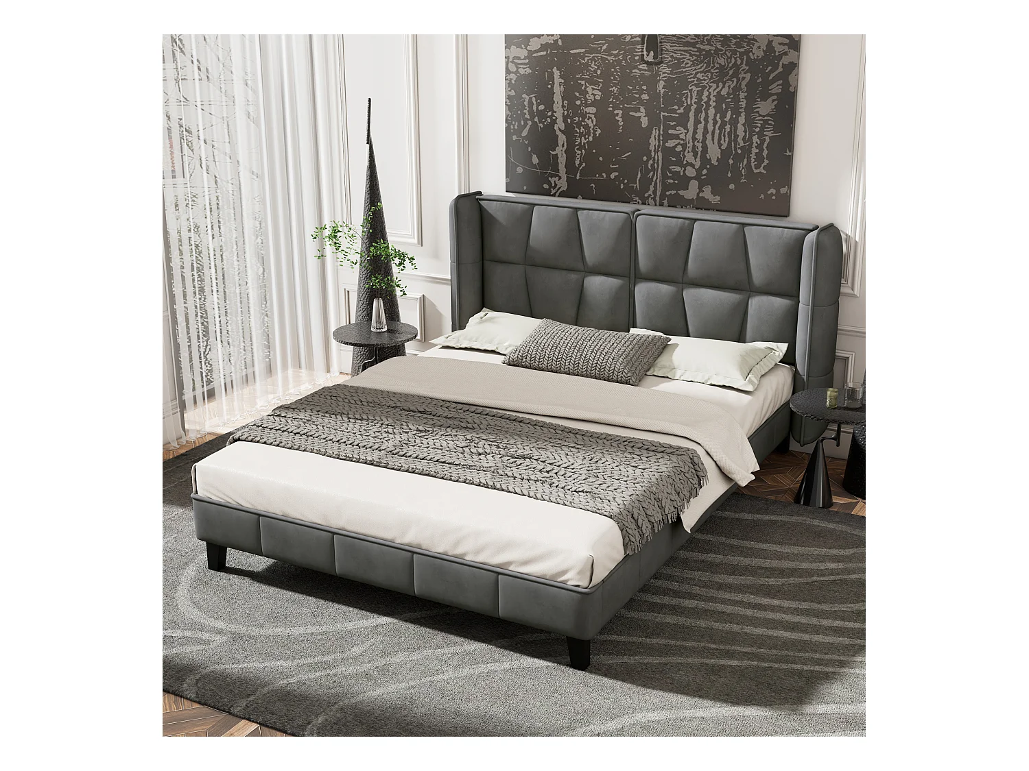 Lit adulte double 140x200 cm avec sommier - tête de lit rembourré - bois - velours gris (sans matelas)