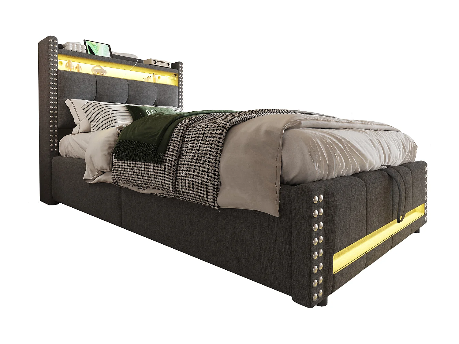 Cama de almacenamiento 90x200 cm con LED y toma USB, con almacenaje y estantes, con sistema hidráulico, gris (Sin colchón)