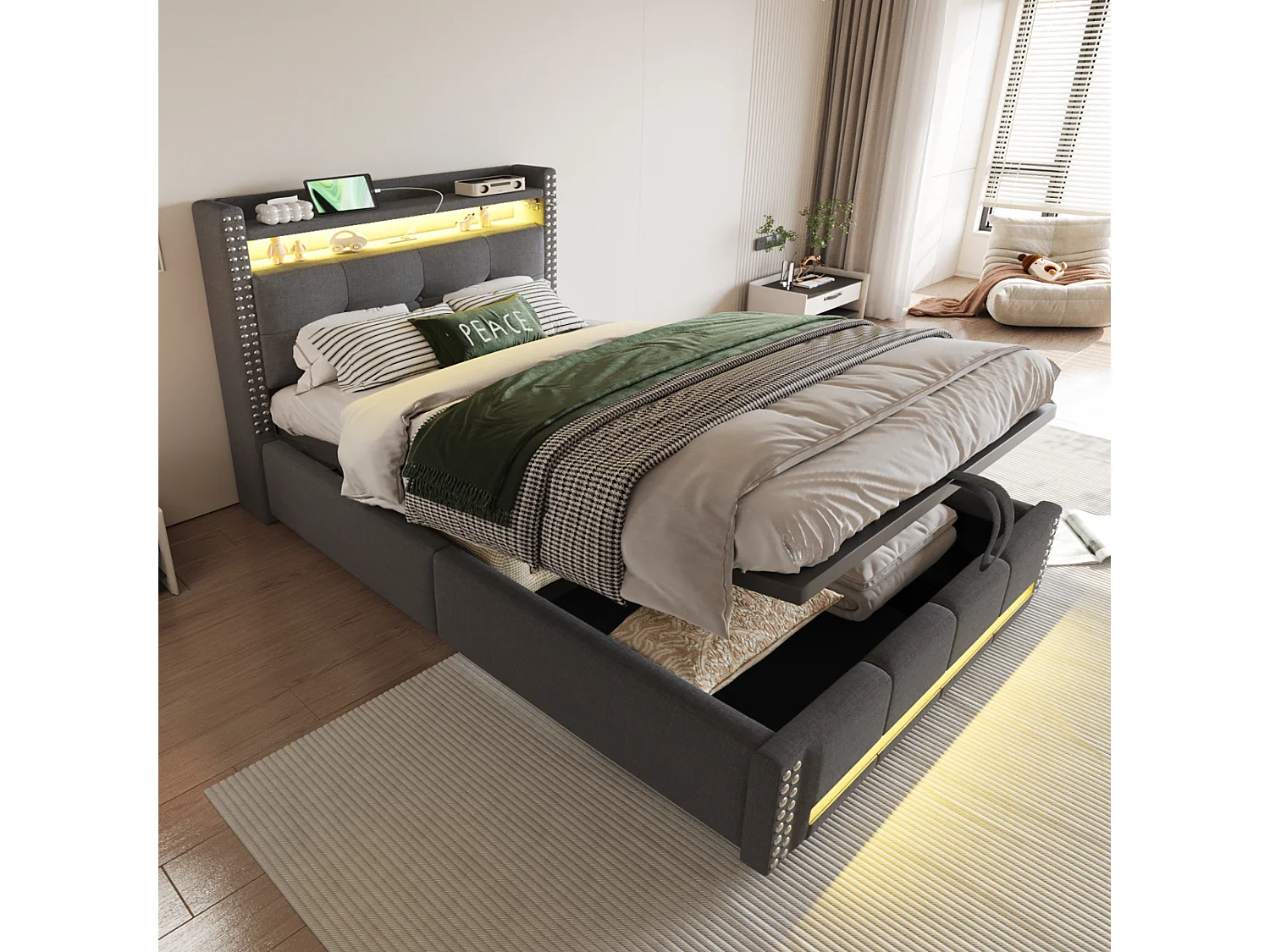 Cama de almacenamiento 90x200 cm con LED y toma USB, con almacenaje y estantes, con sistema hidráulico, gris (Sin colchón)