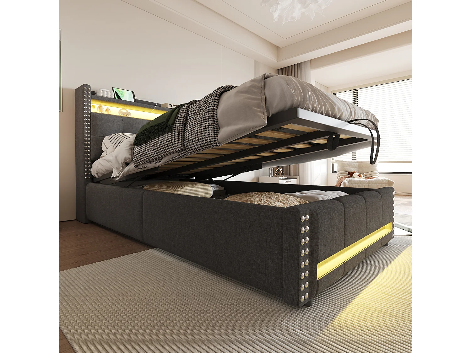 Cama de almacenamiento 90x200 cm con LED y toma USB, con almacenaje y estantes, con sistema hidráulico, gris (Sin colchón)