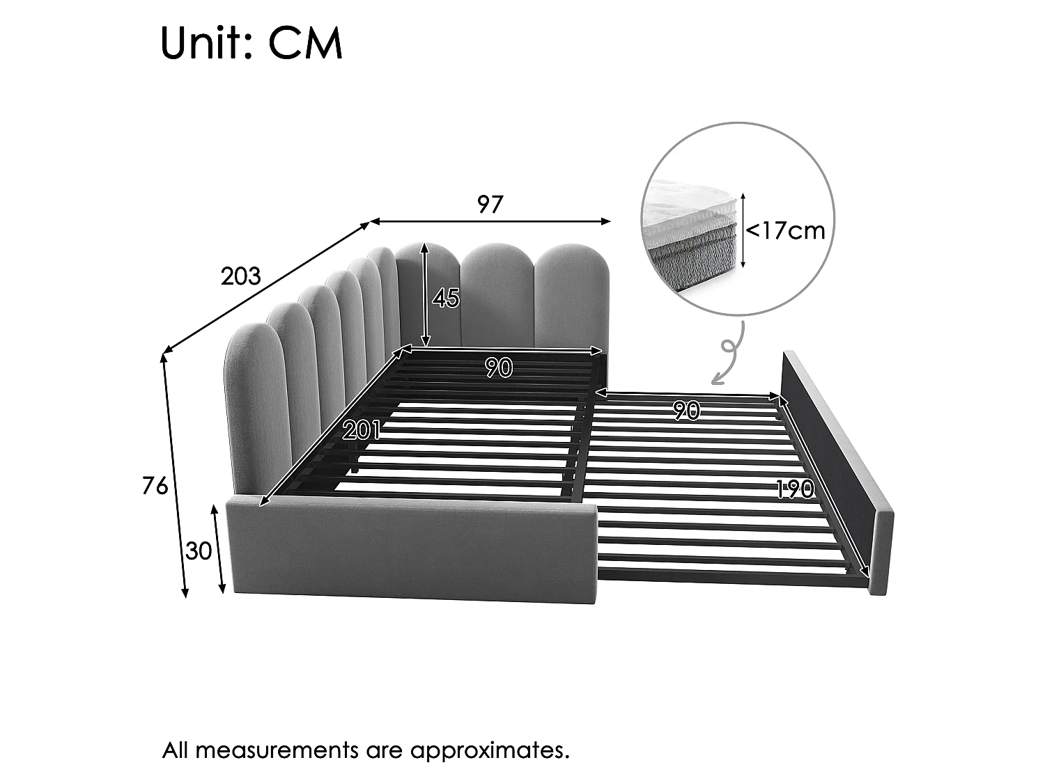 Uitschuifbed 90x200 cm, met uittrekbaar bed, met roosterontwerp, fluweel, grijs (zonder matras)