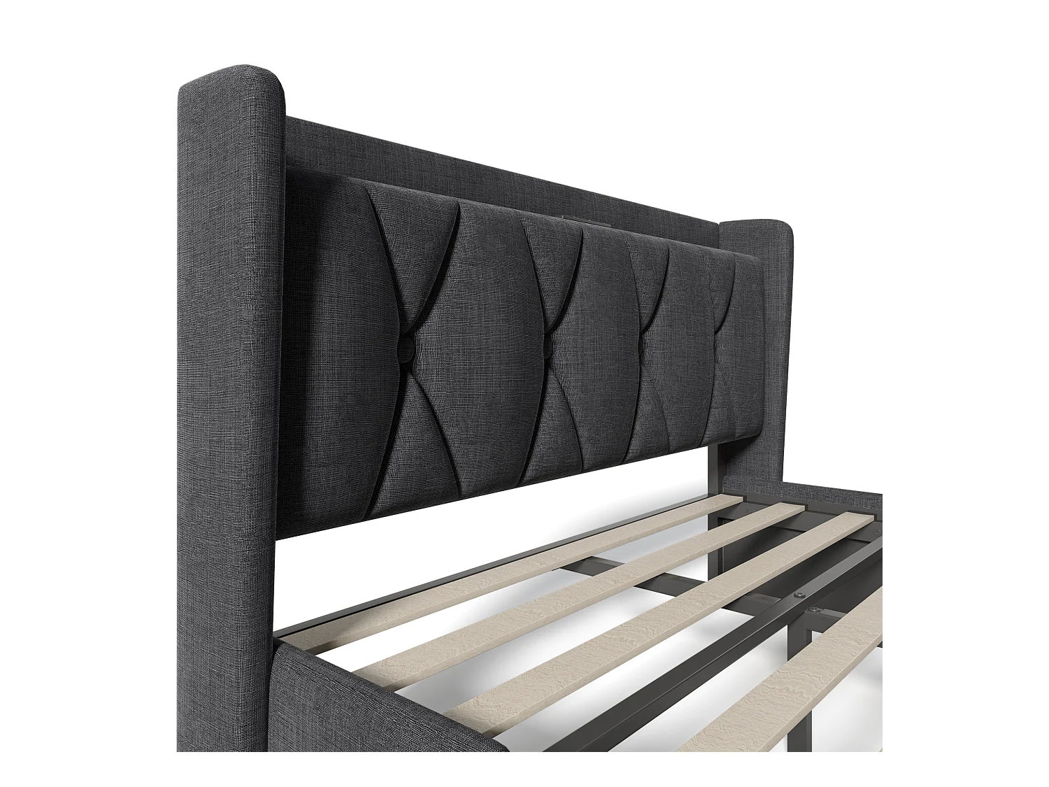 Lit adulte 140x200 cm avec sommier - tête de lit USB et 4 tiroirs de rangement - tissu lin gris (sans matelas)