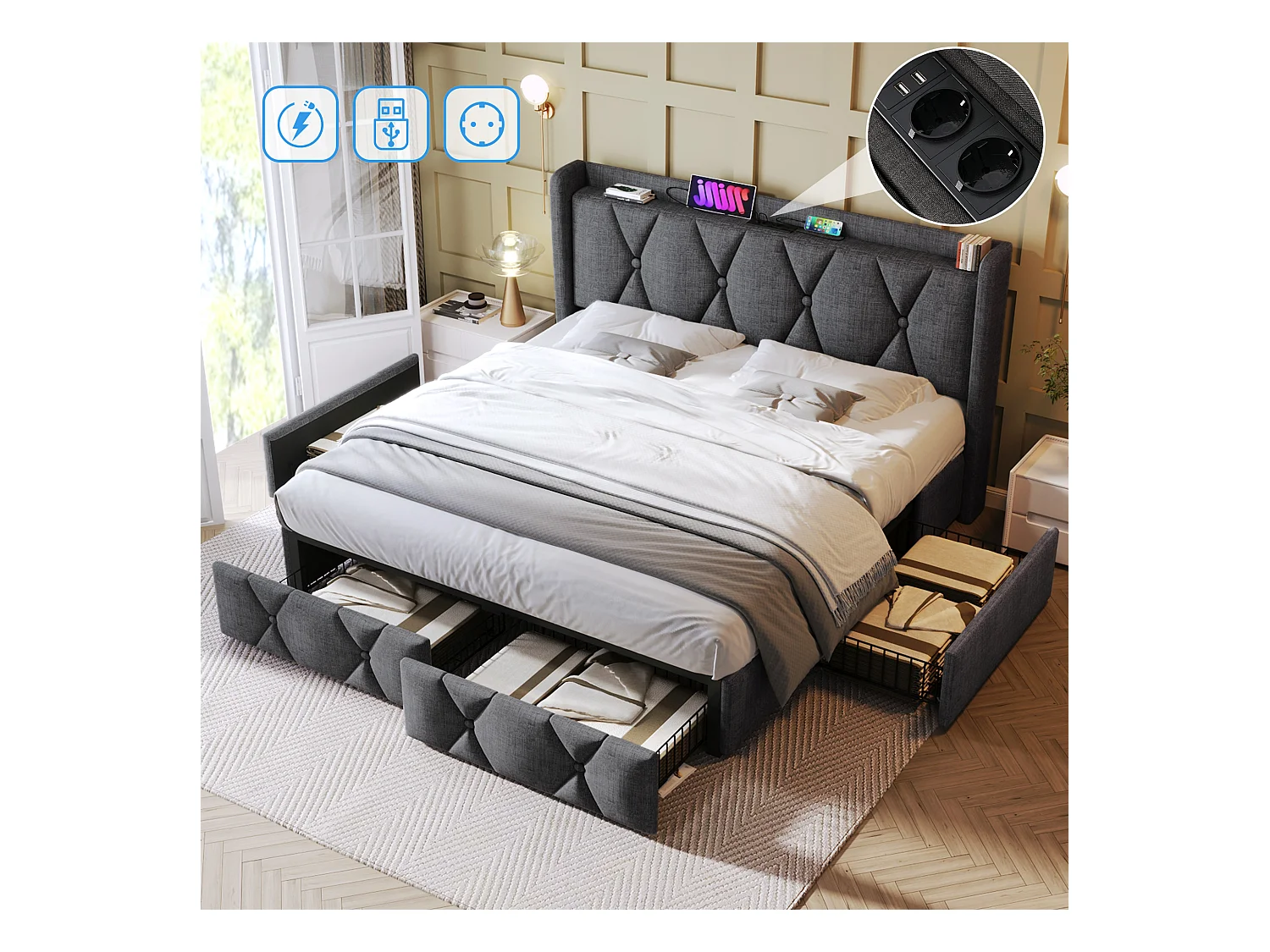 Lit adulte double 140x200 cm avec sommier - tête de lit USB et 4 tiroirs de rangement - tissu lin gris (sans matelas)