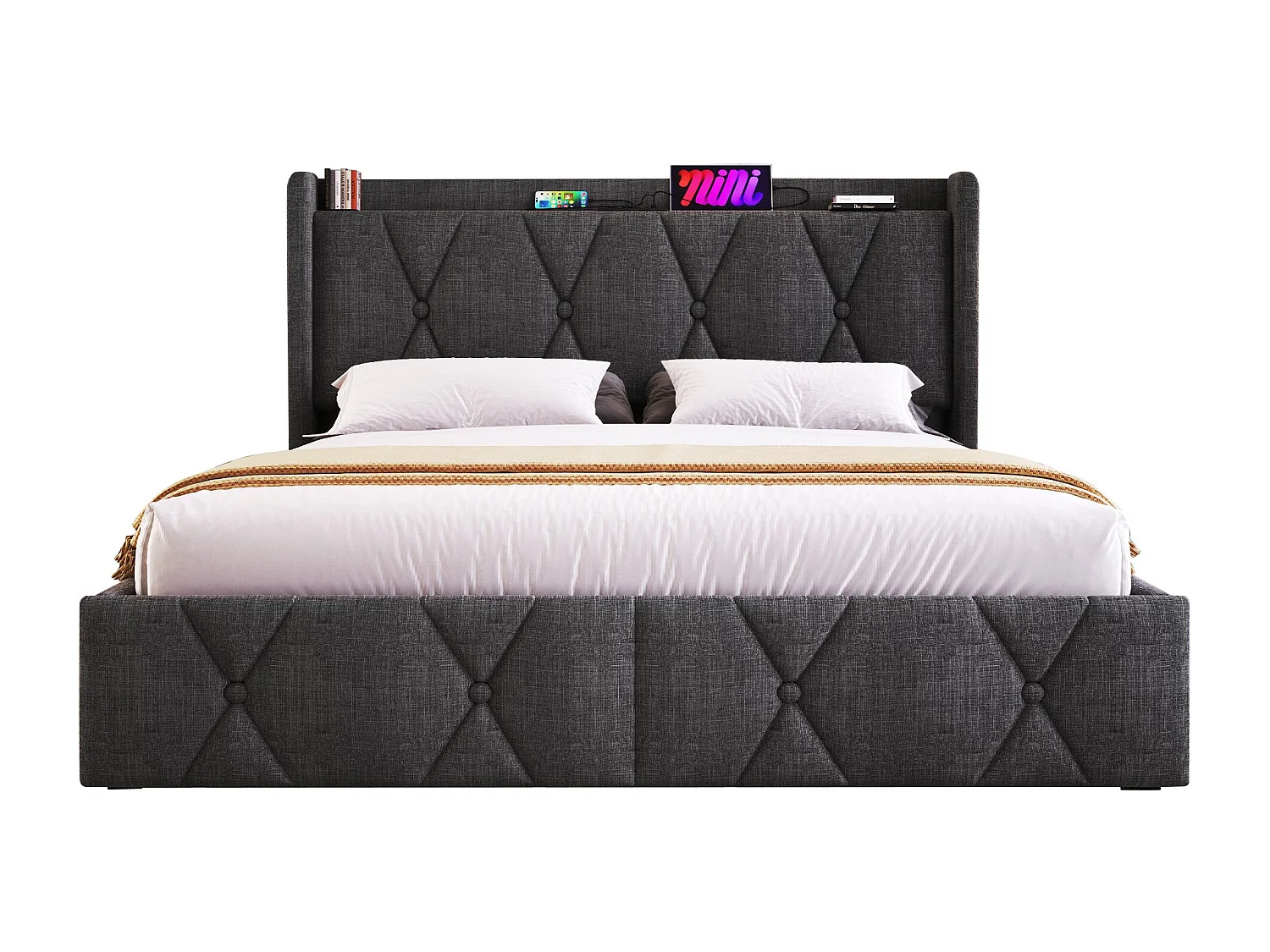 Lit adulte 140x200 cm avec sommier - tête de lit USB et 4 tiroirs de rangement - tissu lin gris (sans matelas)
