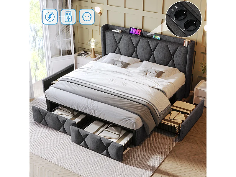 Tweepersoonsbed voor volwassenen 140x200 cm met lattenbodem - USB-hoofdbord en 4 opberglades - grijze linnen stof (zonder matras)