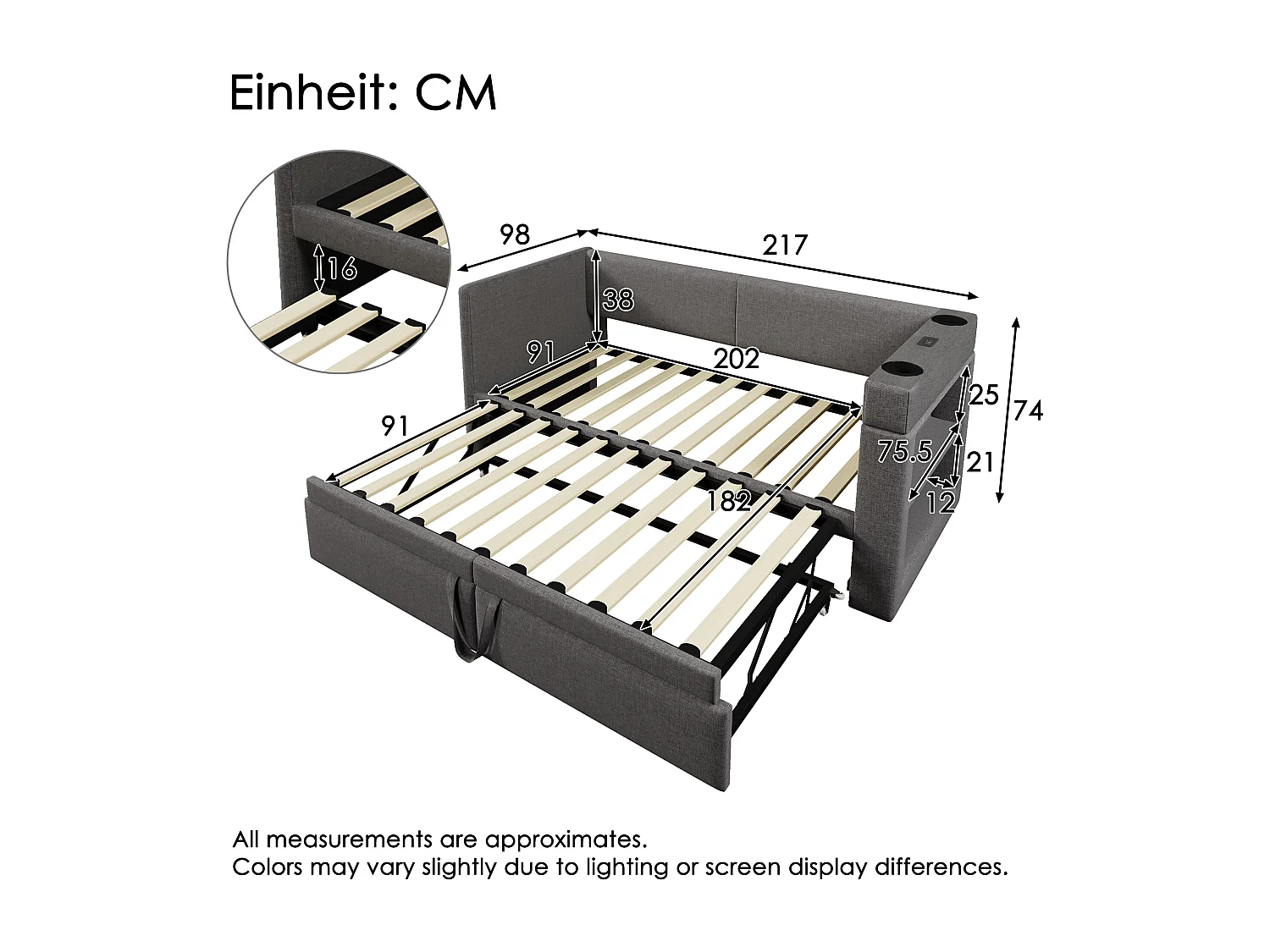 Canapé-lit 90x200 cm avec sommier - lit gigogne avec USB et porte-gobelet - lin - gris (sans matelas)