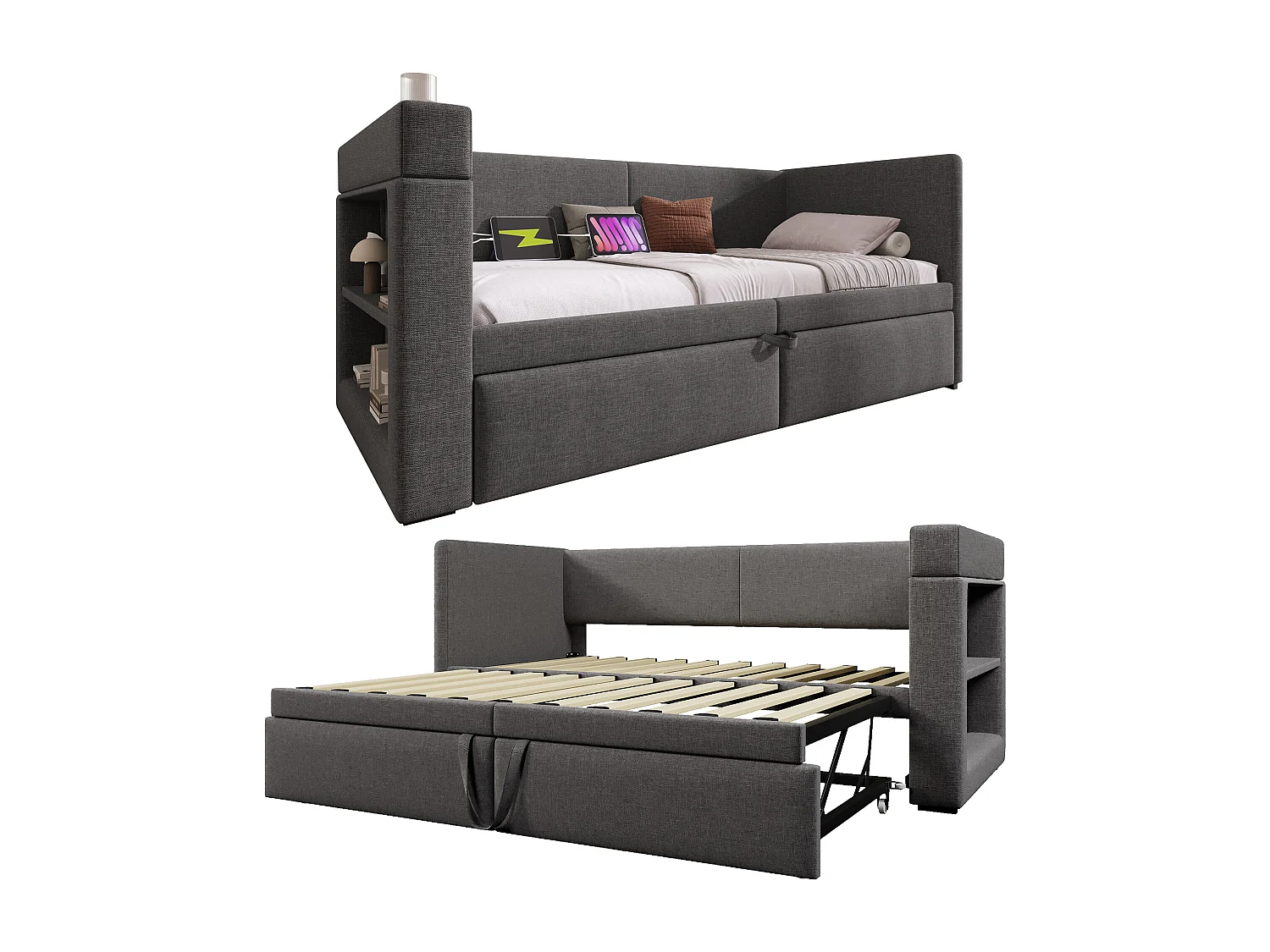 Canapé-lit 90x200 cm avec sommier - lit gigogne avec USB et porte-gobelet - lin - gris (sans matelas)
