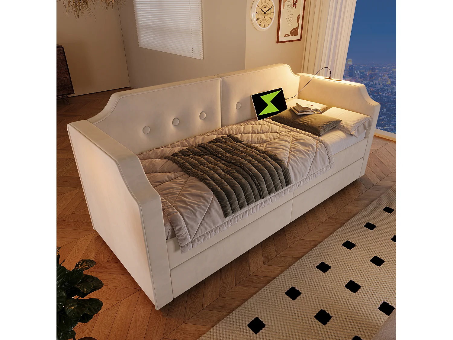 Canapé-lit 90x200 cm avec sommier - lit jeune avec USB et 2 tiroirs de rangement - velours beige (sans matelas)