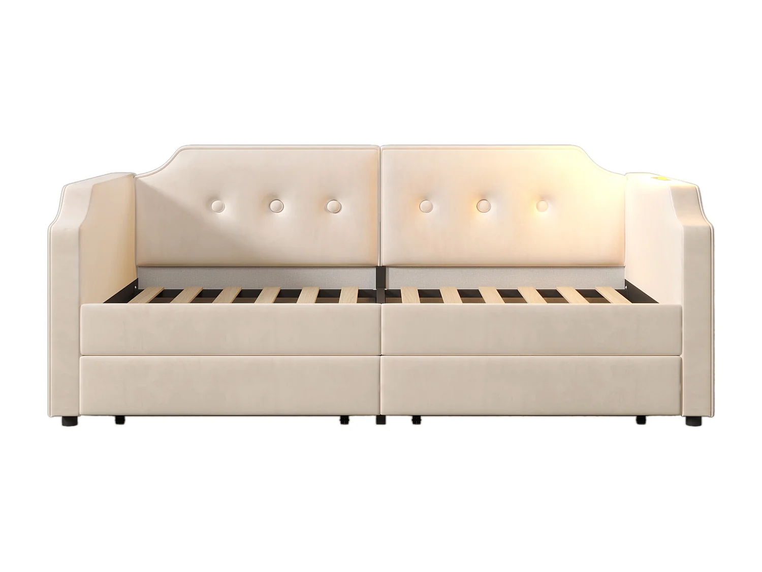 Canapé-lit 90x200 cm avec sommier - lit jeune avec USB et 2 tiroirs de rangement - velours beige (sans matelas)