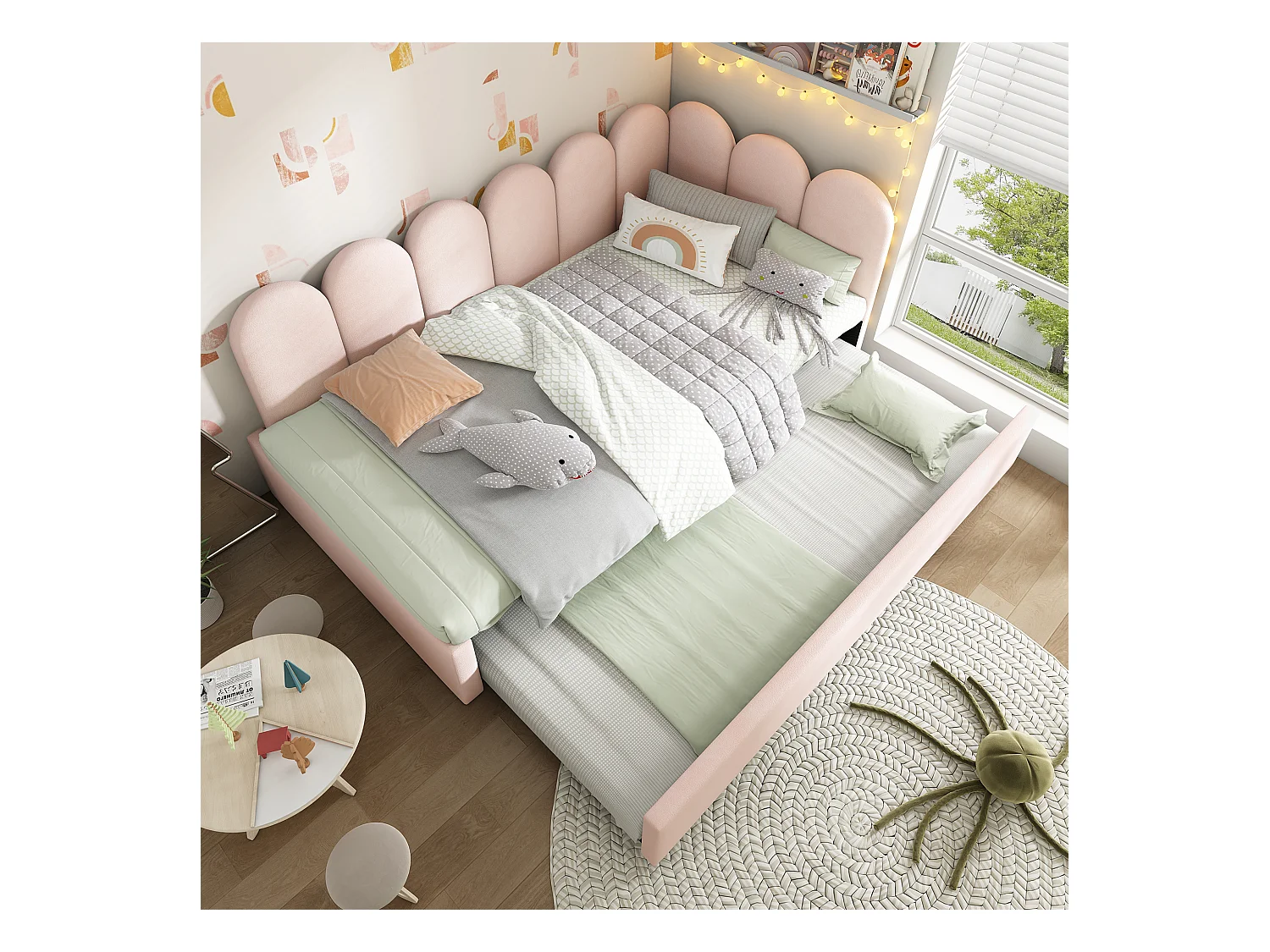 Lit banquette enfant 90x200 cm avec sommier - lit gigogne avec cadre de lit en métal - velours rose (sans matelas)
