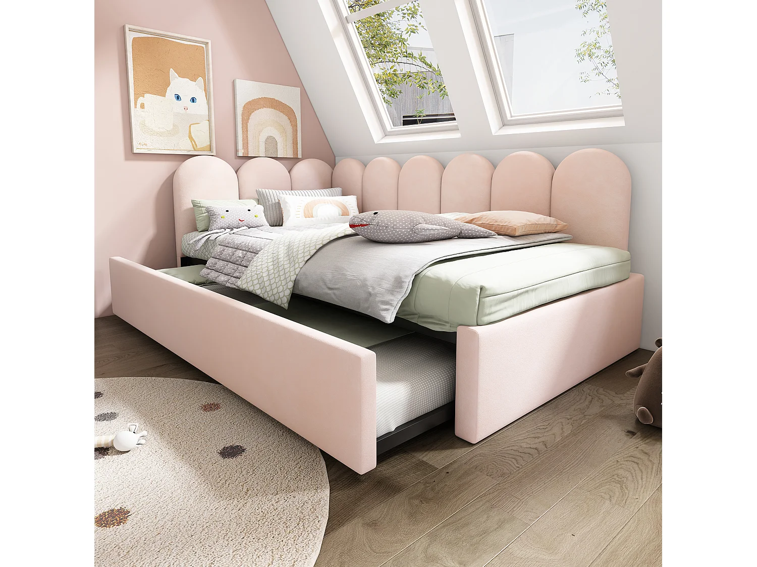 Lit gigogne 90x200 cm avec lit coulissant, design grille stoppeurs, velours rose (Sans matelas)