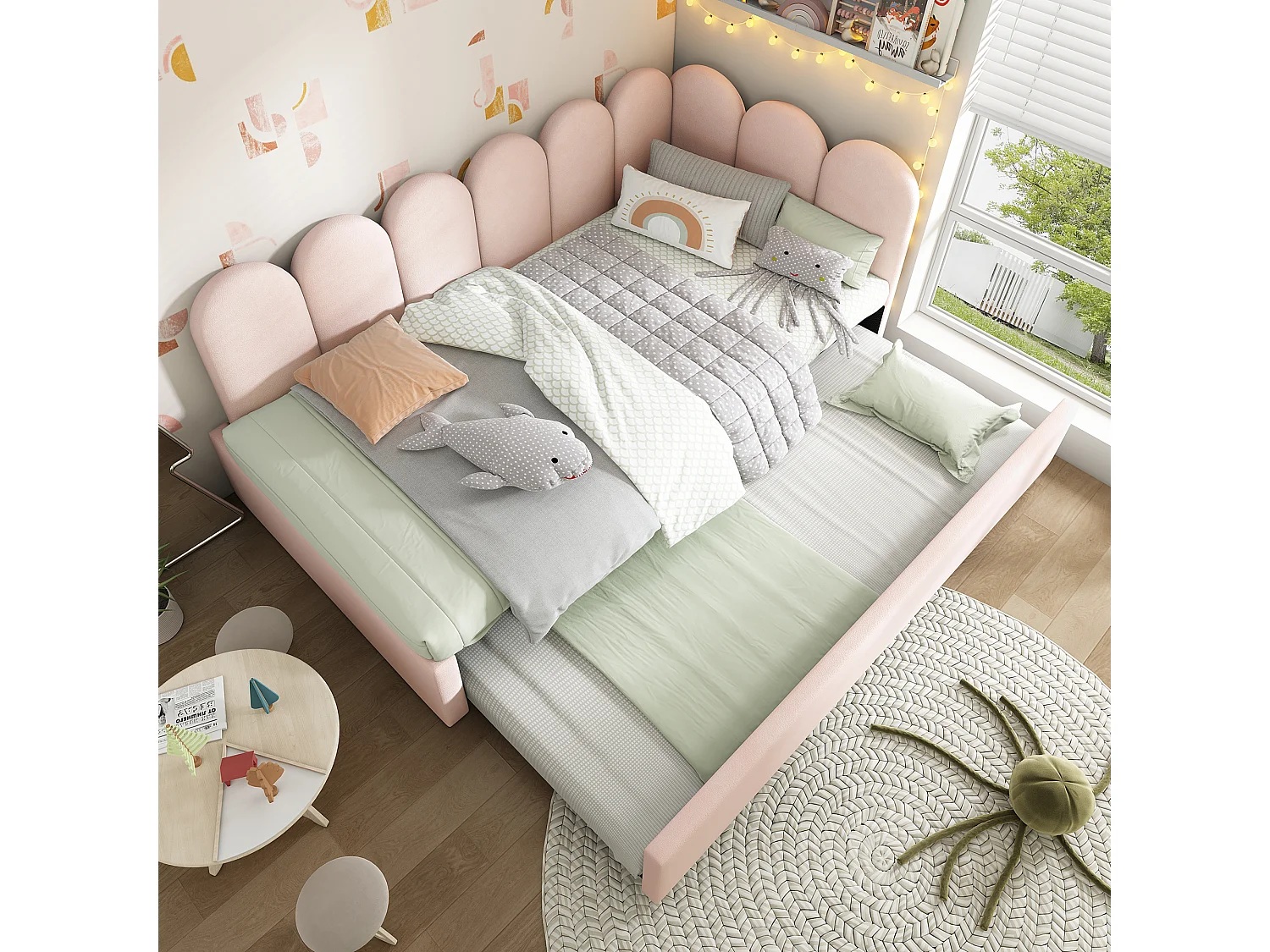 Lit gigogne 90x200 cm avec lit coulissant, design grille stoppeurs, velours rose (Sans matelas)