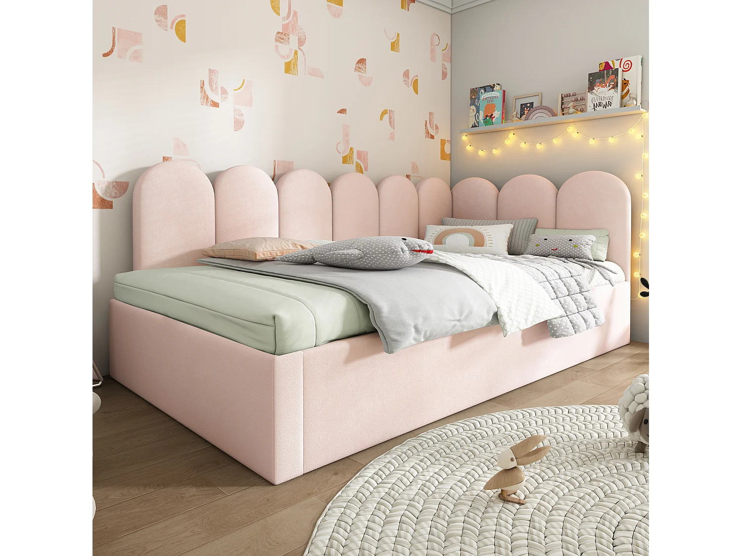 Cama de dia infantil 90x200 cm com estrado de ripas - cama de rodízio com estrutura de metal - veludo rosa (sem colchão)
