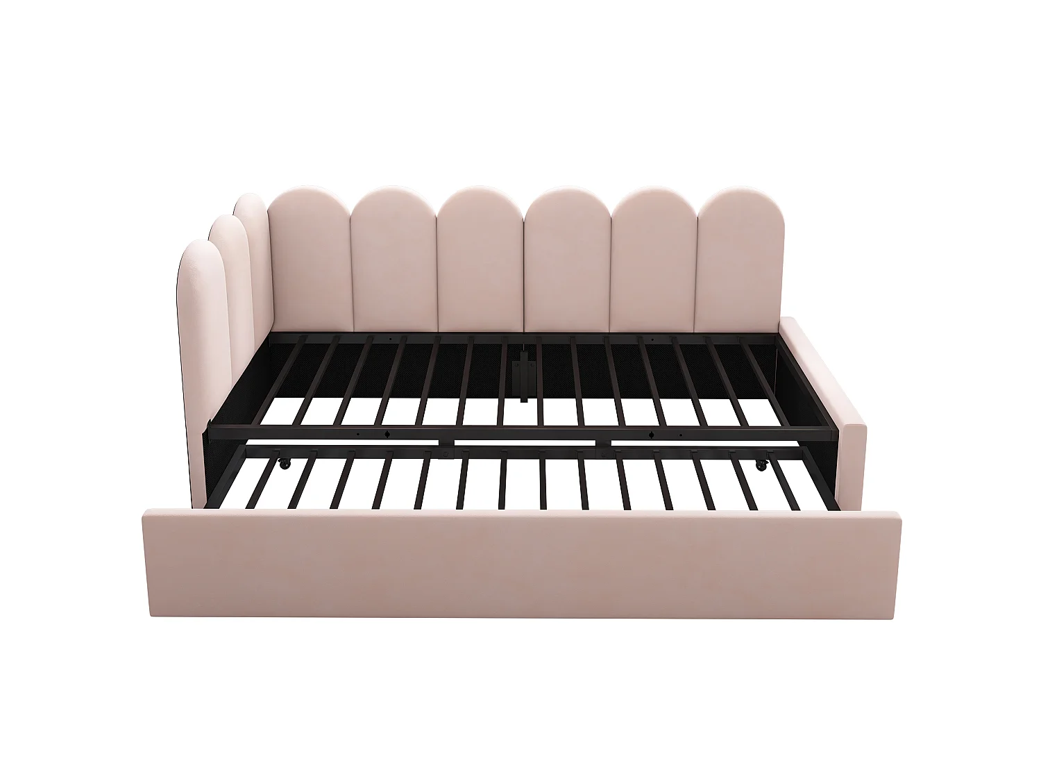 Cama de dia infantil 90x200 cm com estrado de ripas - cama de rodízio com estrutura de metal - veludo rosa (sem colchão)