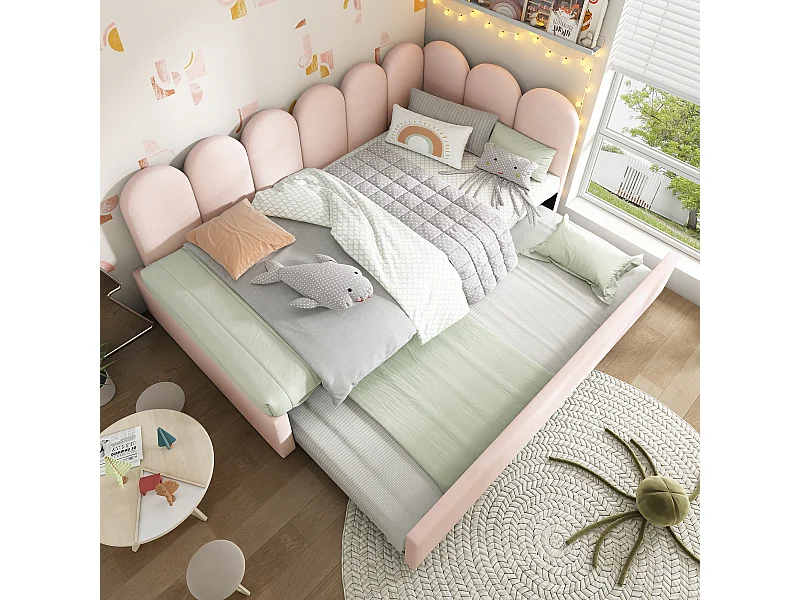 Divano letto per bambini 90x200 cm con rete a doghe - letto estraibile con struttura in metallo - velluto rosa (senza materasso)