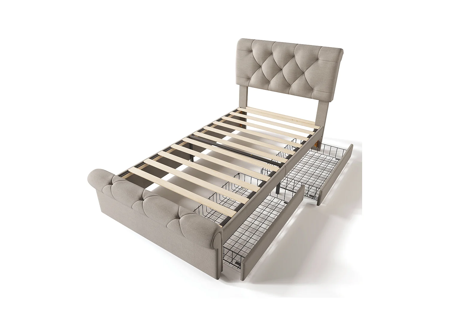 Lit enfant 90x200cm avec sommier - tête de lit réglable en hauteur et 2 tiroirs - bois - naturel (sans matelas)