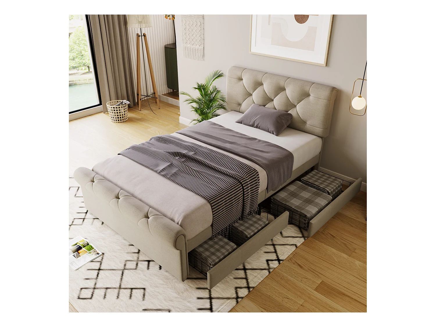 Lit enfant 90x200cm avec sommier - tête de lit réglable en hauteur et 2 tiroirs - bois - naturel (sans matelas)