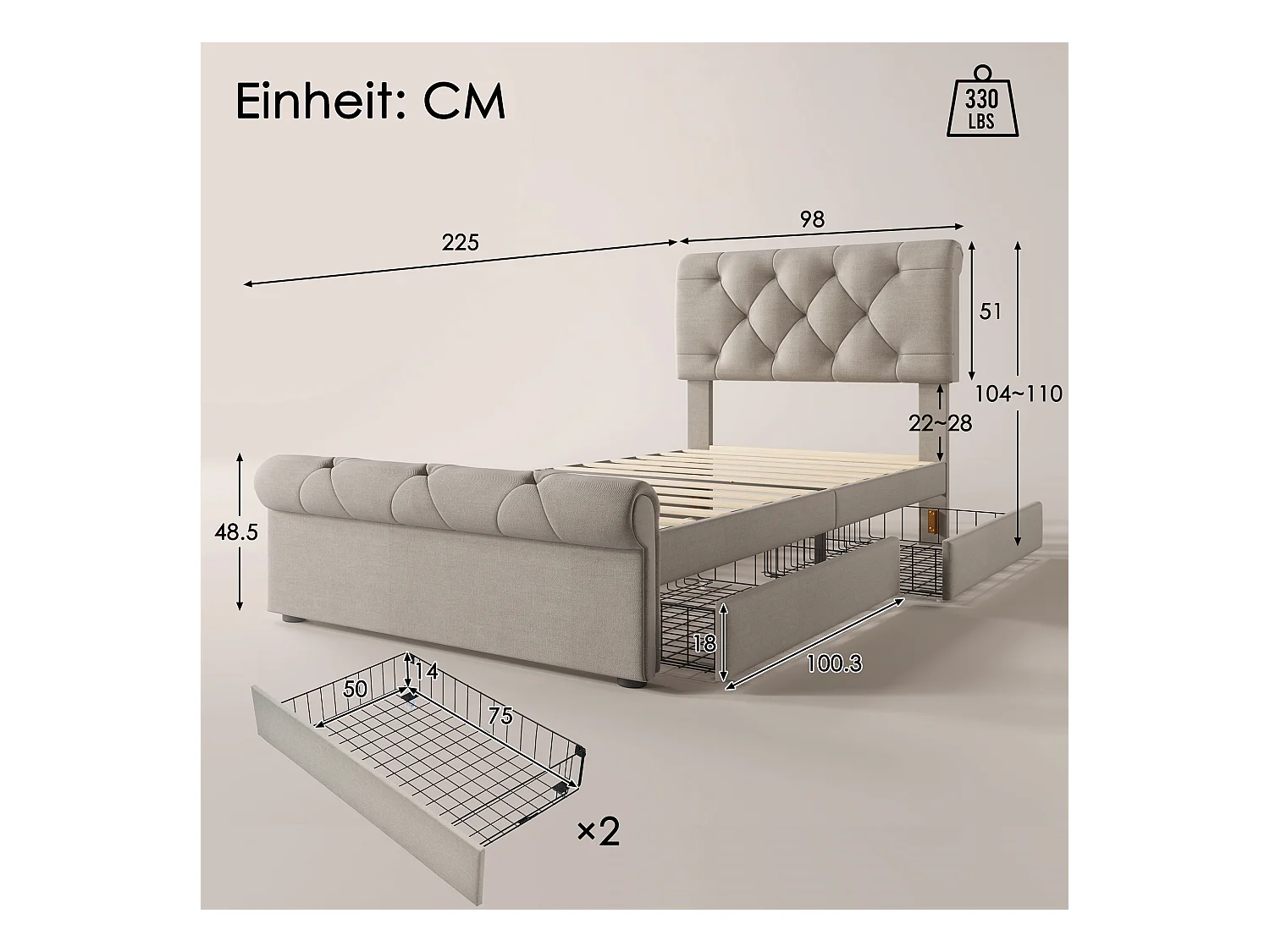 Lit enfant 90x200cm avec sommier - tête de lit réglable en hauteur et 2 tiroirs - bois - naturel (sans matelas)