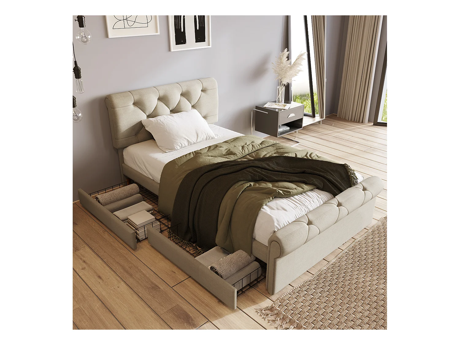 Lit enfant simple 90x200cm avec sommier - tête de lit réglable en hauteur et 2 tiroirs - bois - naturel (sans matelas)
