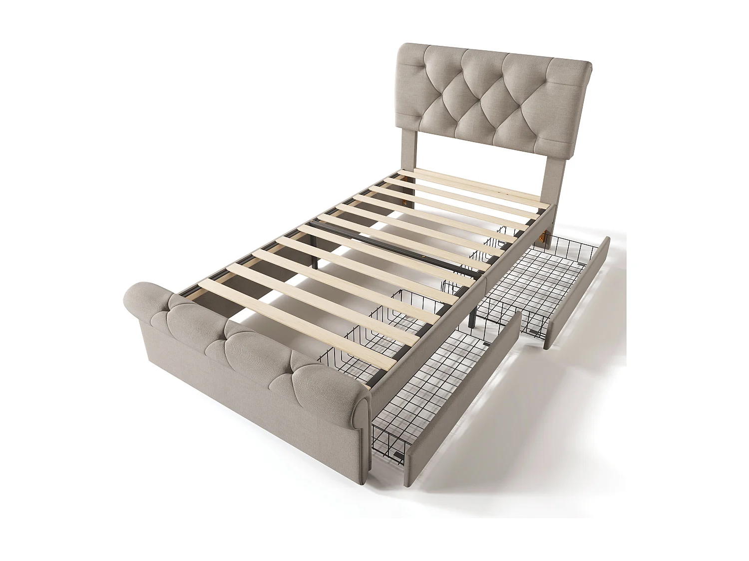 Eenpersoonsbed kinderbed 90x200cm met lattenbodem - in hoogte verstelbaar hoofdbord en 2 lades - hout - naturel (zonder matras)