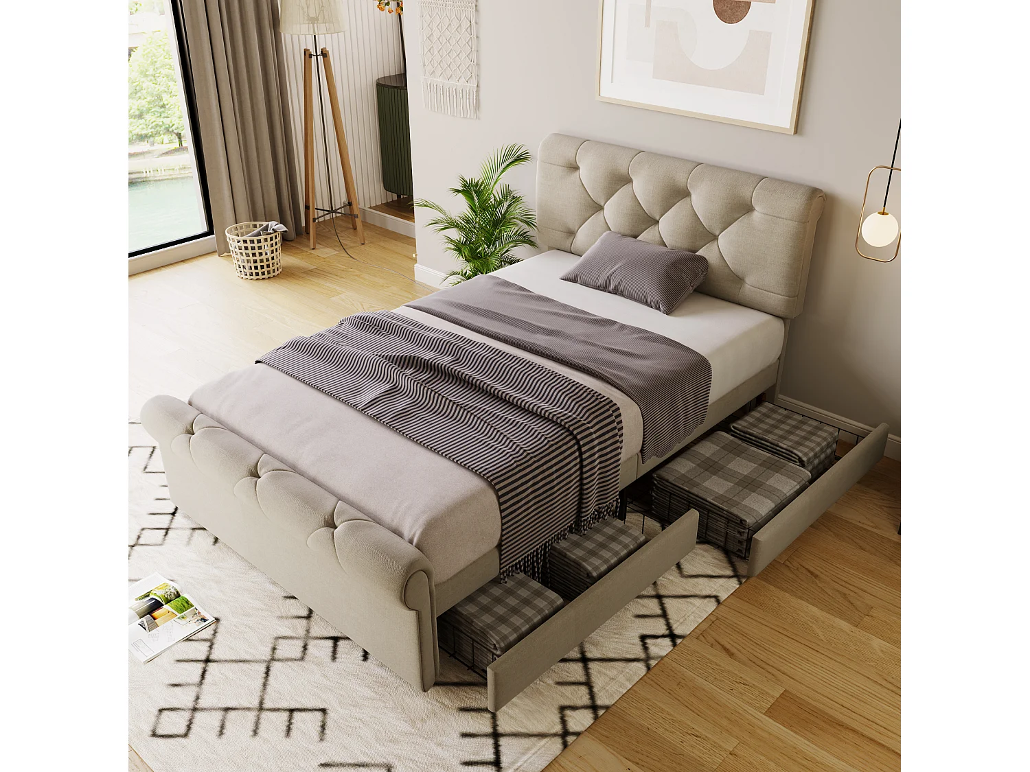 Eenpersoonsbed kinderbed 90x200cm met lattenbodem - in hoogte verstelbaar hoofdbord en 2 lades - hout - naturel (zonder matras)