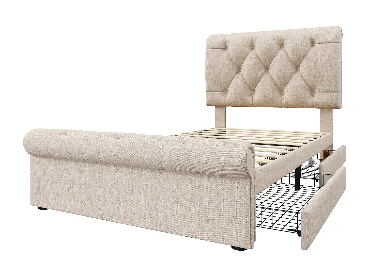 Lit 90x200 avec 2 tiroirs et tête de lit réglable, lattes à scratch, métal et bois, naturel (Sans matelas)