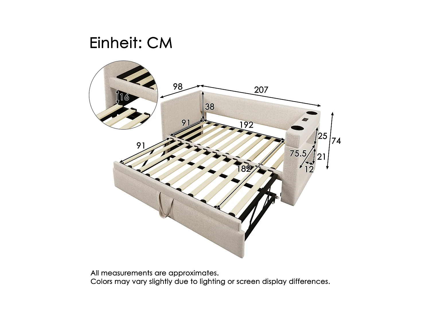 Canapé-lit 90x190 cm avec sommier - lit gigogne avec USB et porte-gobelet - lin - beige (sans matelas)