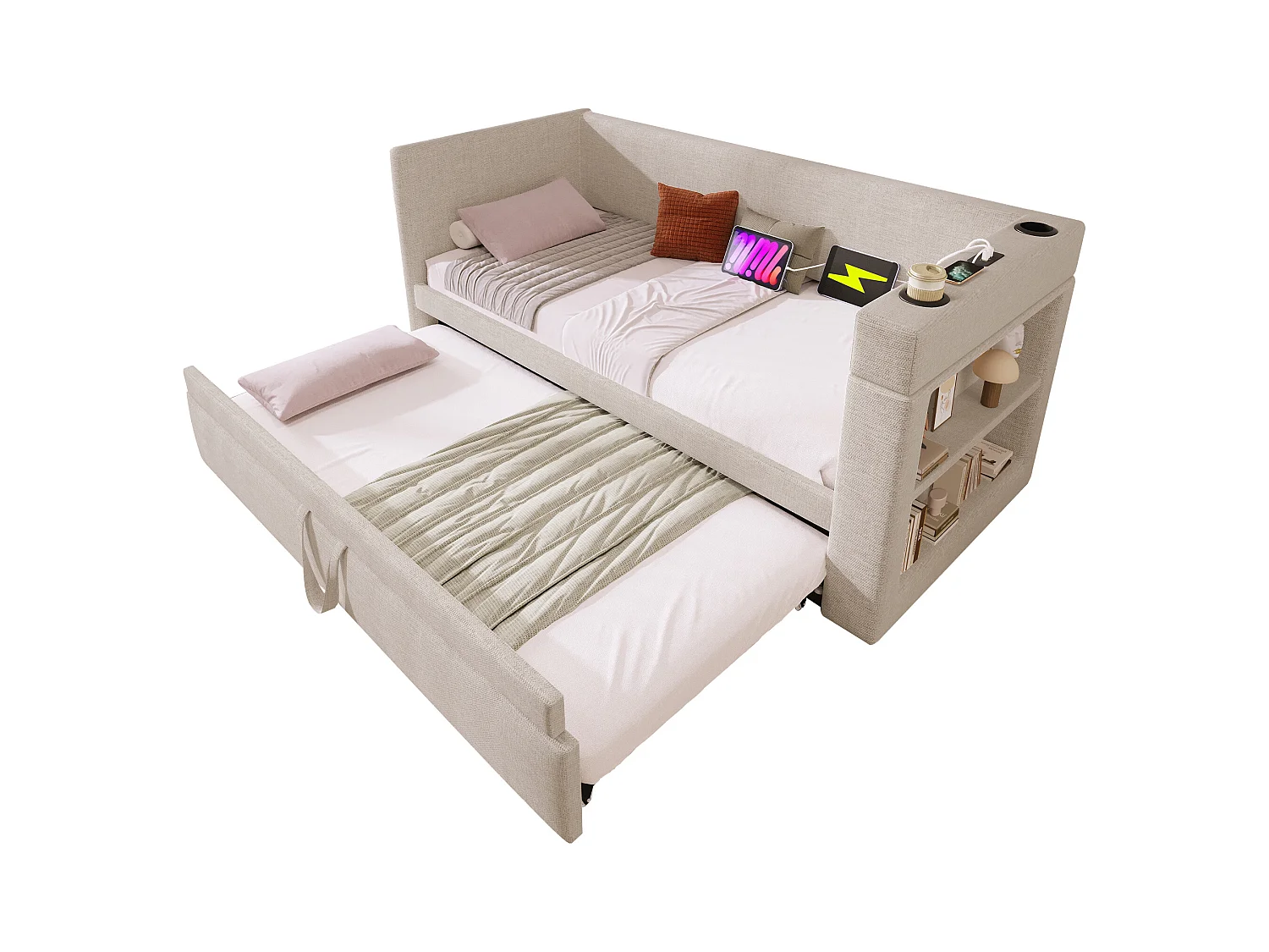 Canapé-lit 90x190 cm avec sommier - lit gigogne avec USB et porte-gobelet - lin - beige (sans matelas)