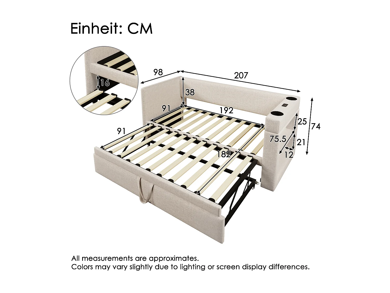 Kinderbed 90x190 cm met lattenbodem - uitschuifbed met USB en bekerhouder - linnen - beige (zonder matras)
