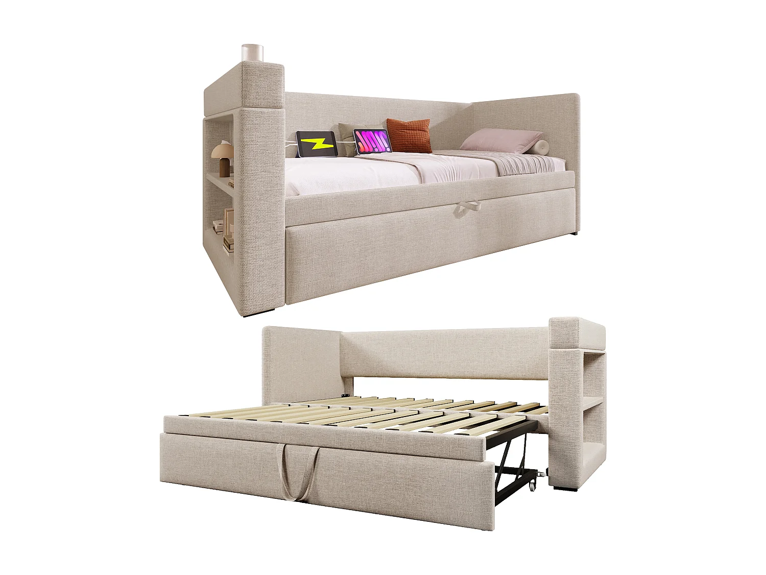Kinderbed 90x190 cm met lattenbodem - uitschuifbed met USB en bekerhouder - linnen - beige (zonder matras)